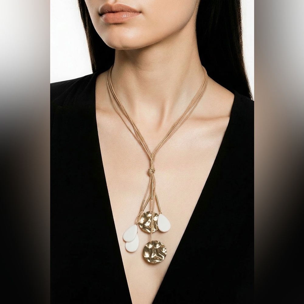 Gold and White Multi-Strand Pendant Necklace  White Accents - Women's Jewelry